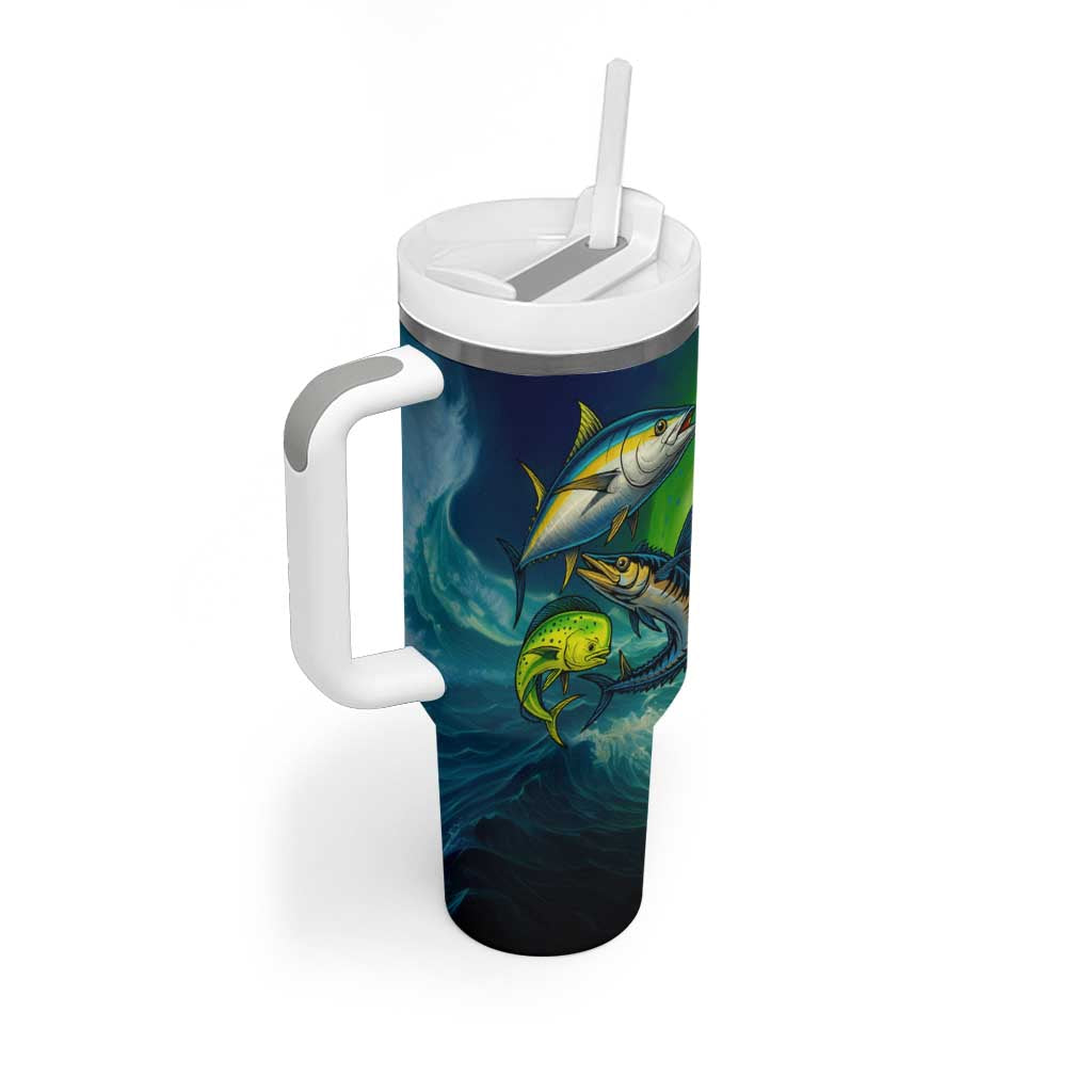 Offshore Fishing Custom Tumbler With Handle Tuna Mahi Mahi and Wahoo in Ocean Wave Design - Wonder Print Shop