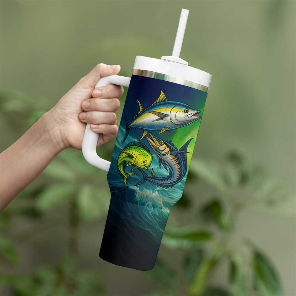 Offshore Fishing Custom Tumbler With Handle Tuna Mahi Mahi and Wahoo in Ocean Wave Design - Wonder Print Shop