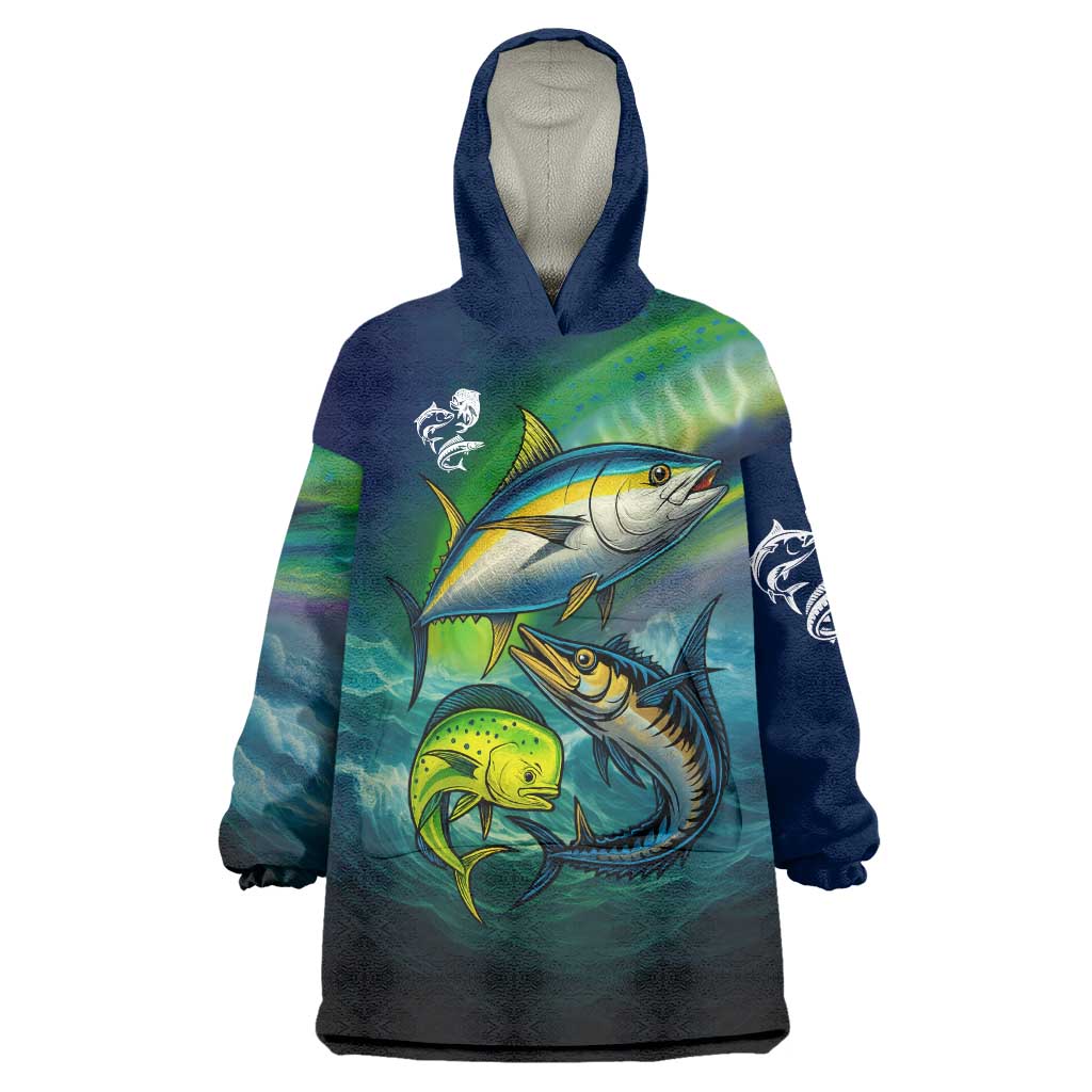 Offshore Fishing Custom Wearable Blanket Hoodie Tuna Mahi Mahi and Wahoo in Ocean Wave Design - Wonder Print Shop