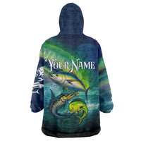 Offshore Fishing Custom Wearable Blanket Hoodie Tuna Mahi Mahi and Wahoo in Ocean Wave Design - Wonder Print Shop