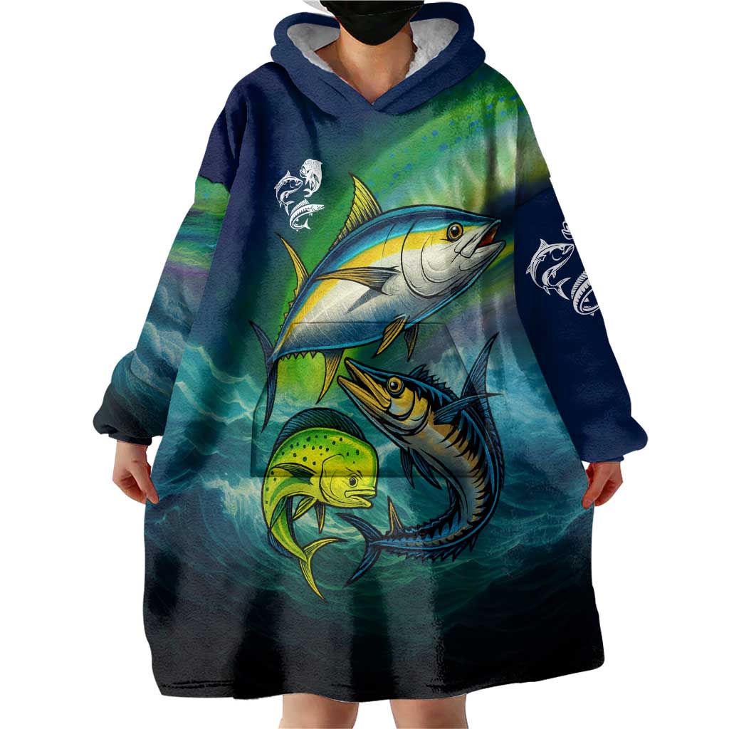 Offshore Fishing Custom Wearable Blanket Hoodie Tuna Mahi Mahi and Wahoo in Ocean Wave Design - Wonder Print Shop