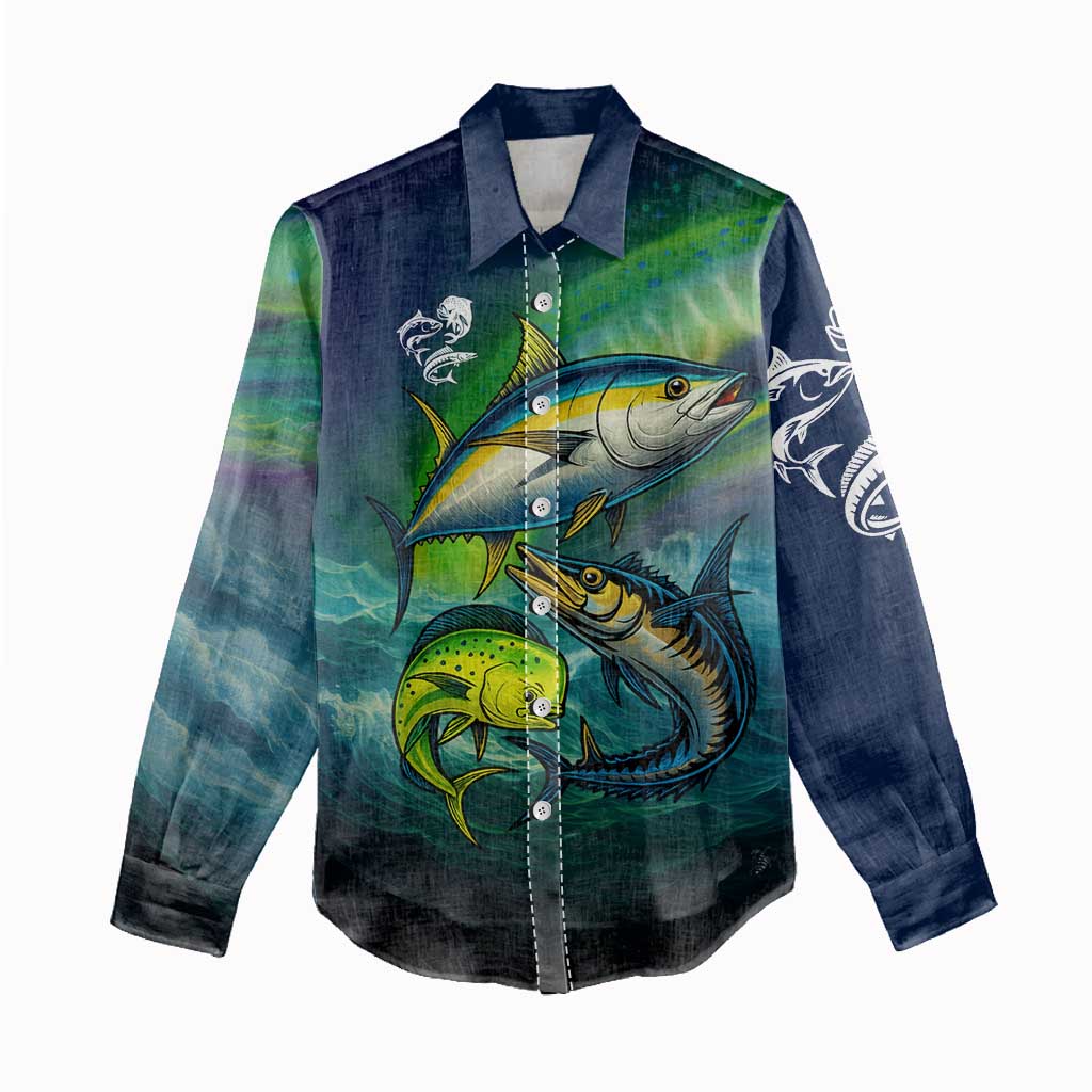 Offshore Fishing Custom Women Casual Shirt Tuna Mahi Mahi and Wahoo in Ocean Wave Design - Wonder Print Shop