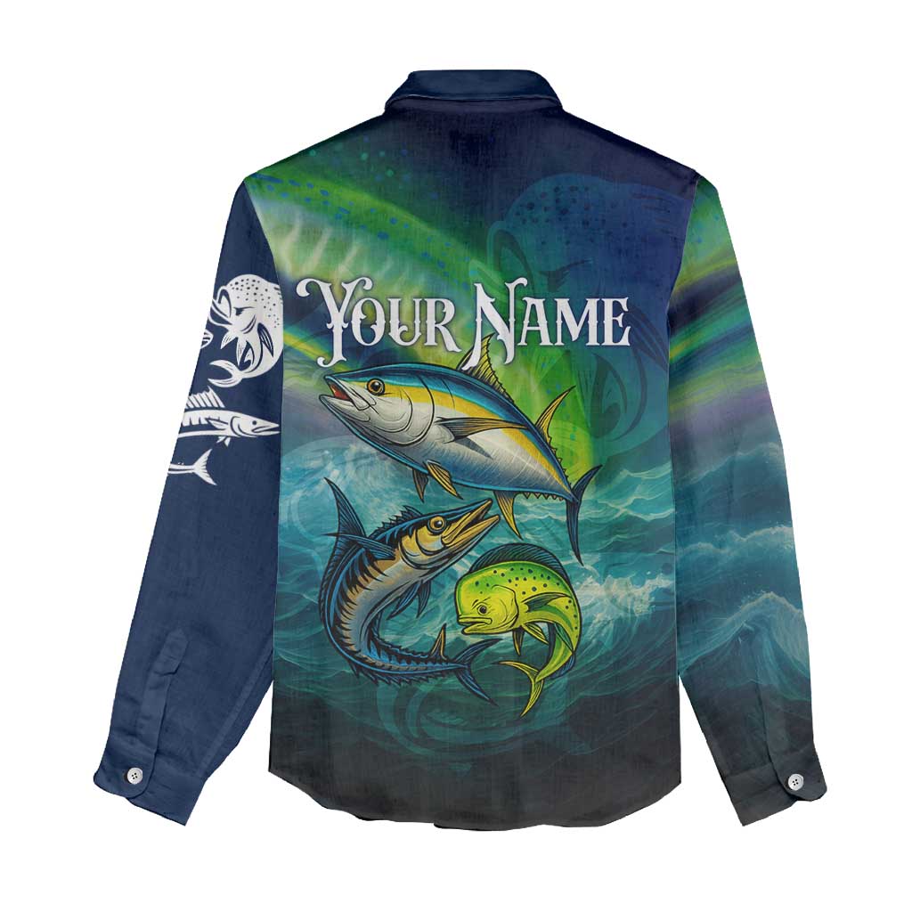 Offshore Fishing Custom Women Casual Shirt Tuna Mahi Mahi and Wahoo in Ocean Wave Design - Wonder Print Shop