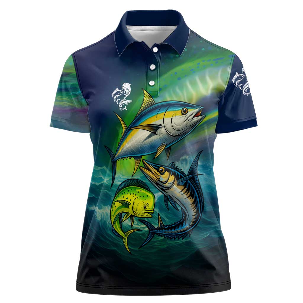 Offshore Fishing Custom Women Polo Shirt Tuna Mahi Mahi and Wahoo in Ocean Wave Design - Wonder Print Shop
