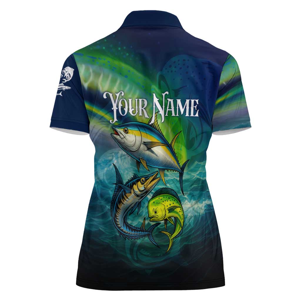 Offshore Fishing Custom Women Polo Shirt Tuna Mahi Mahi and Wahoo in Ocean Wave Design - Wonder Print Shop