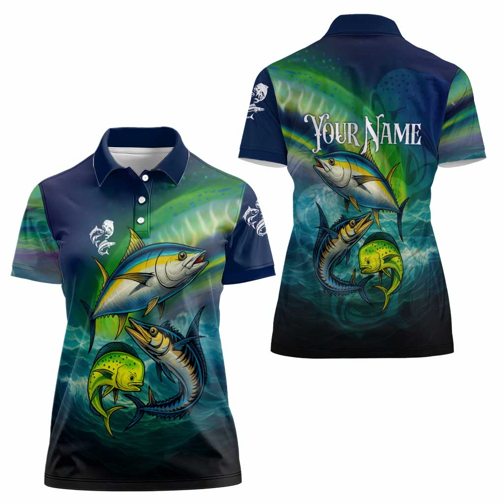 Offshore Fishing Custom Women Polo Shirt Tuna Mahi Mahi and Wahoo in Ocean Wave Design - Wonder Print Shop