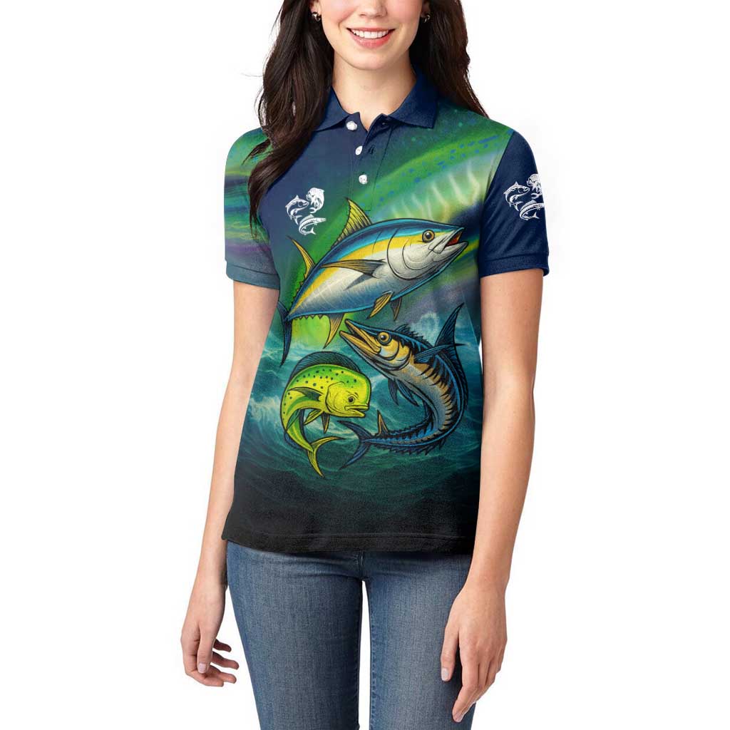 Offshore Fishing Custom Women Polo Shirt Tuna Mahi Mahi and Wahoo in Ocean Wave Design - Wonder Print Shop