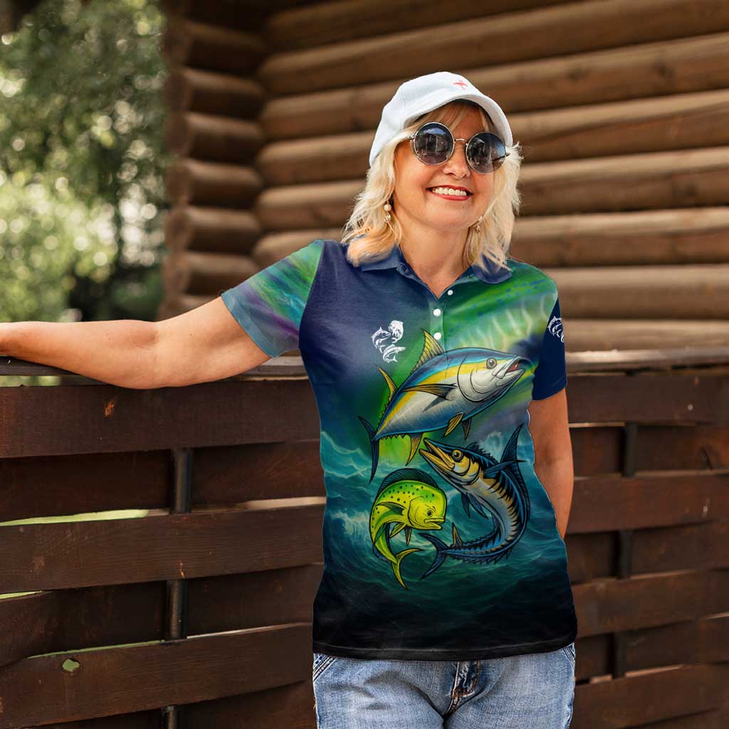 Offshore Fishing Custom Women Polo Shirt Tuna Mahi Mahi and Wahoo in Ocean Wave Design - Wonder Print Shop