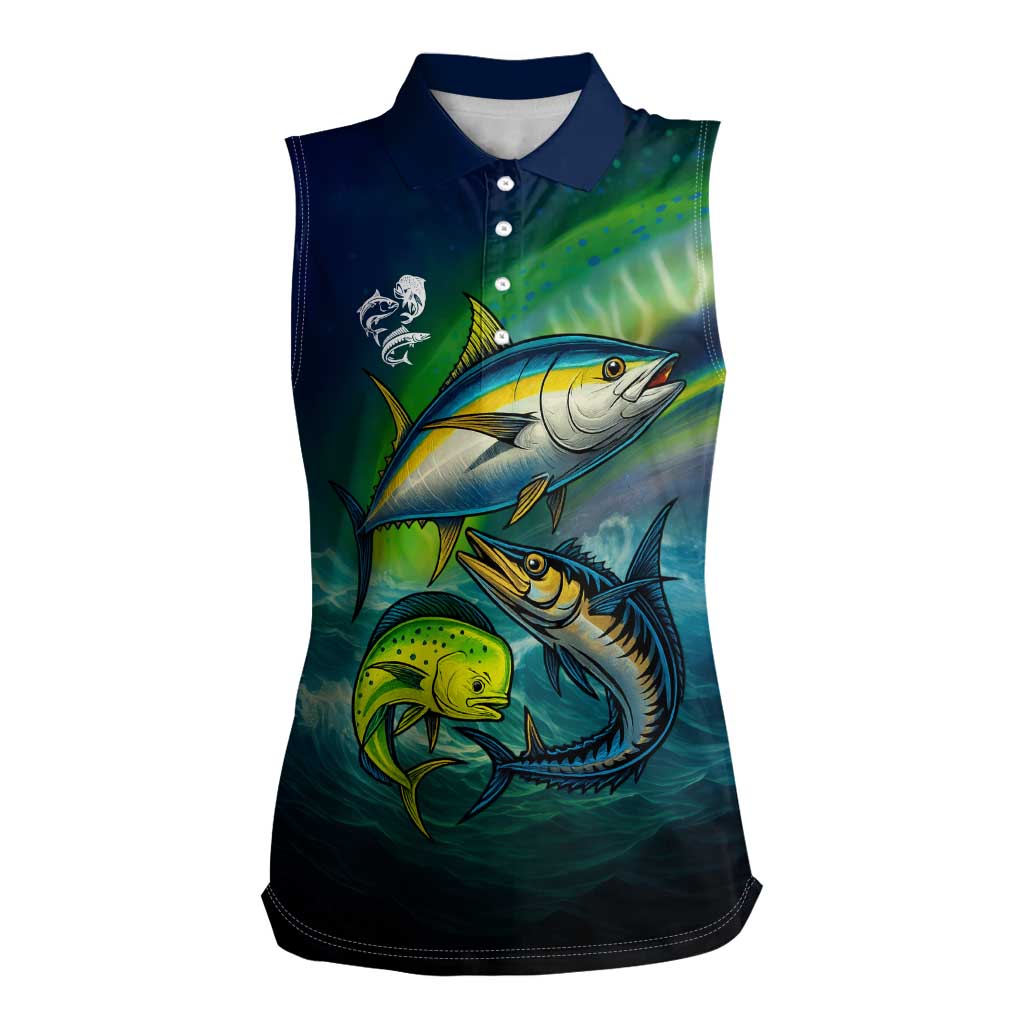 Offshore Fishing Custom Women Sleeveless Polo Shirt Tuna Mahi Mahi and Wahoo in Ocean Wave Design - Wonder Print Shop