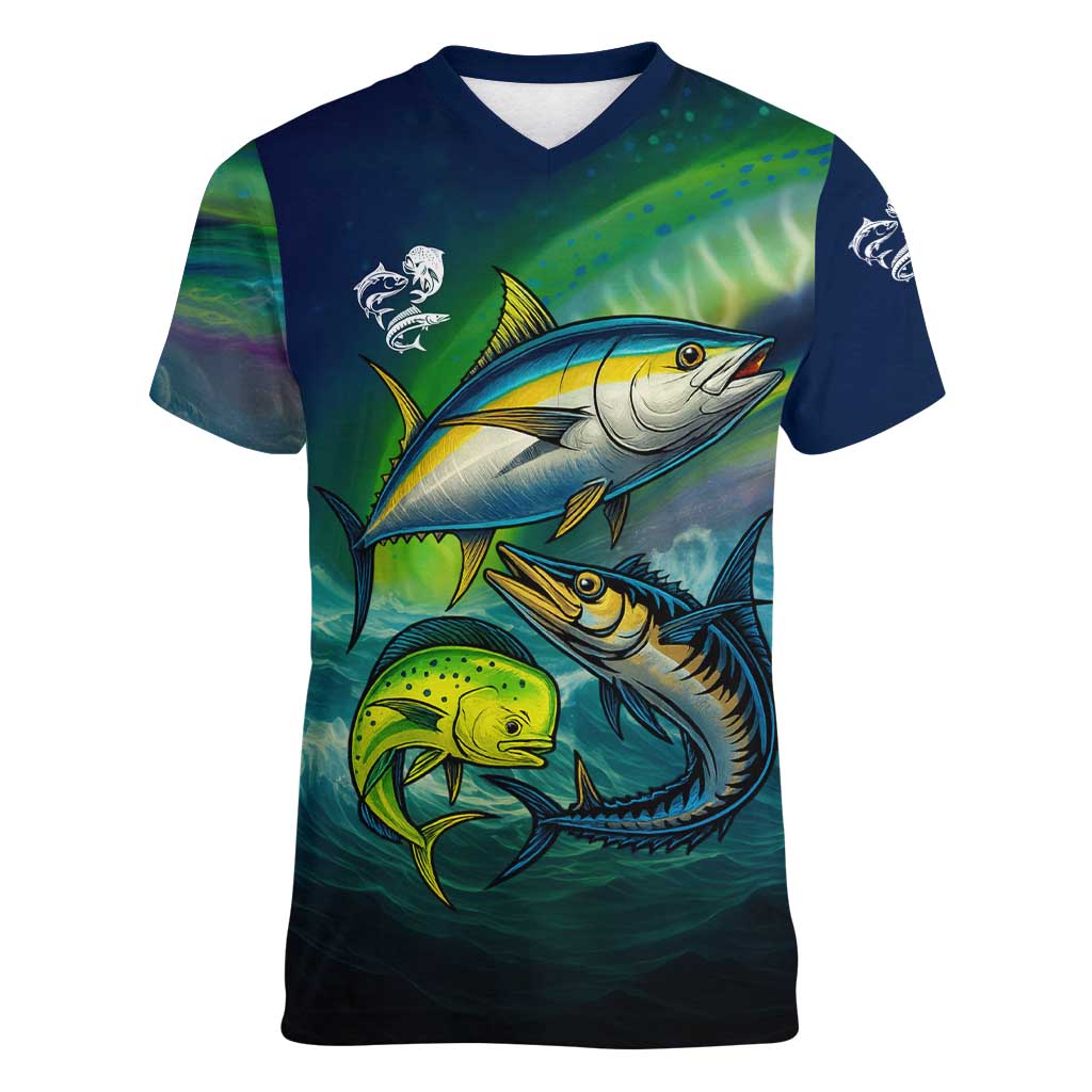 Offshore Fishing Custom Women V-Neck T-Shirt Tuna Mahi Mahi and Wahoo in Ocean Wave Design - Wonder Print Shop
