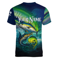 Offshore Fishing Custom Women V-Neck T-Shirt Tuna Mahi Mahi and Wahoo in Ocean Wave Design - Wonder Print Shop