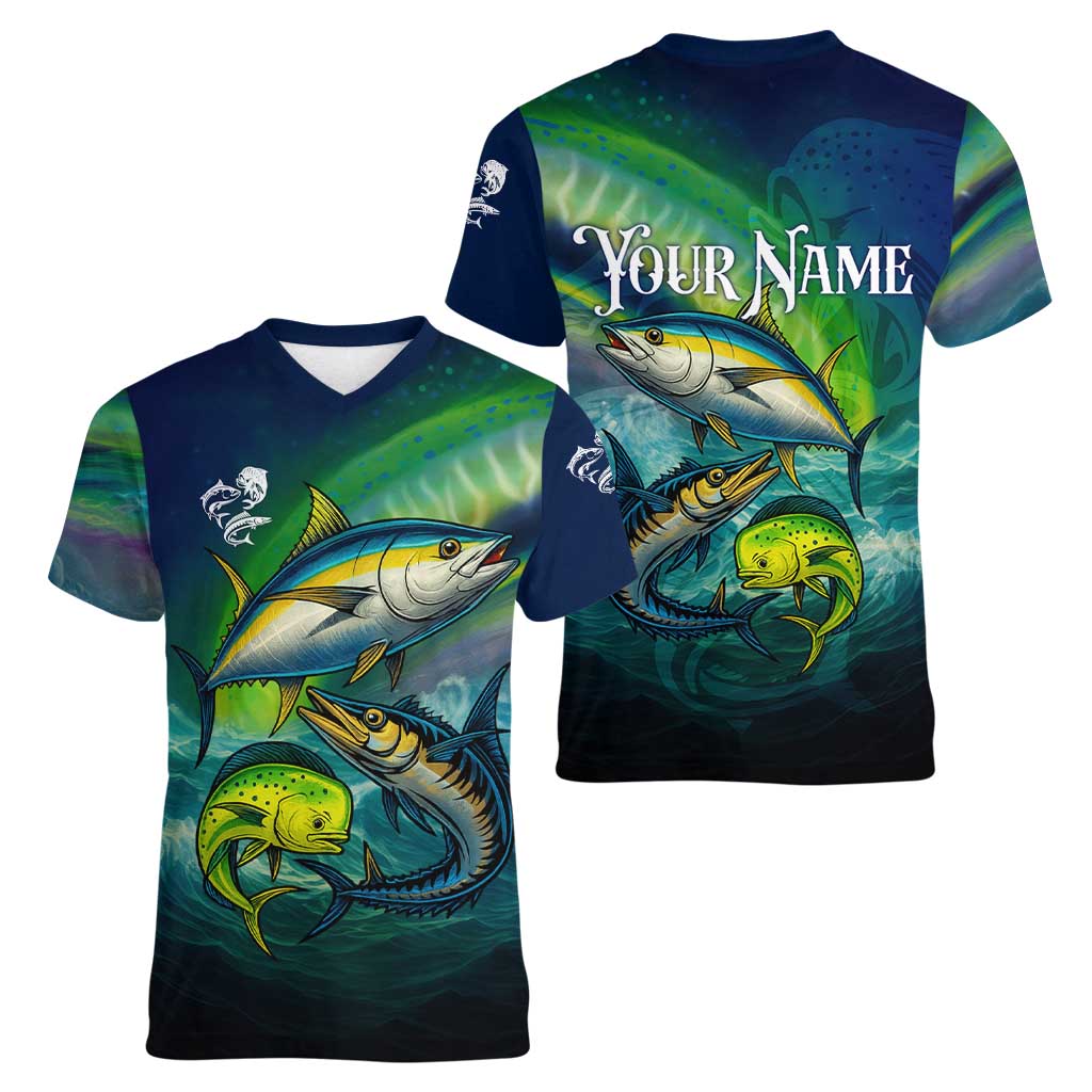 Offshore Fishing Custom Women V-Neck T-Shirt Tuna Mahi Mahi and Wahoo in Ocean Wave Design - Wonder Print Shop