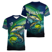 Offshore Fishing Custom Women V-Neck T-Shirt Tuna Mahi Mahi and Wahoo in Ocean Wave Design - Wonder Print Shop