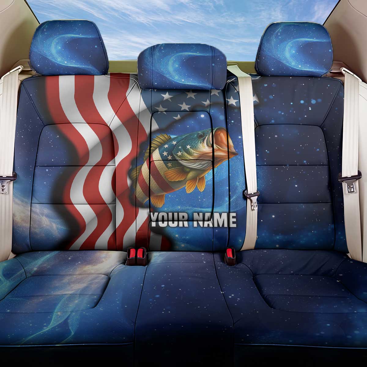 American Flag Bass Fishing Graphic Back Car Seat Cover Patriotic Fish and Starry Galaxy Background - Wonder Print Shop