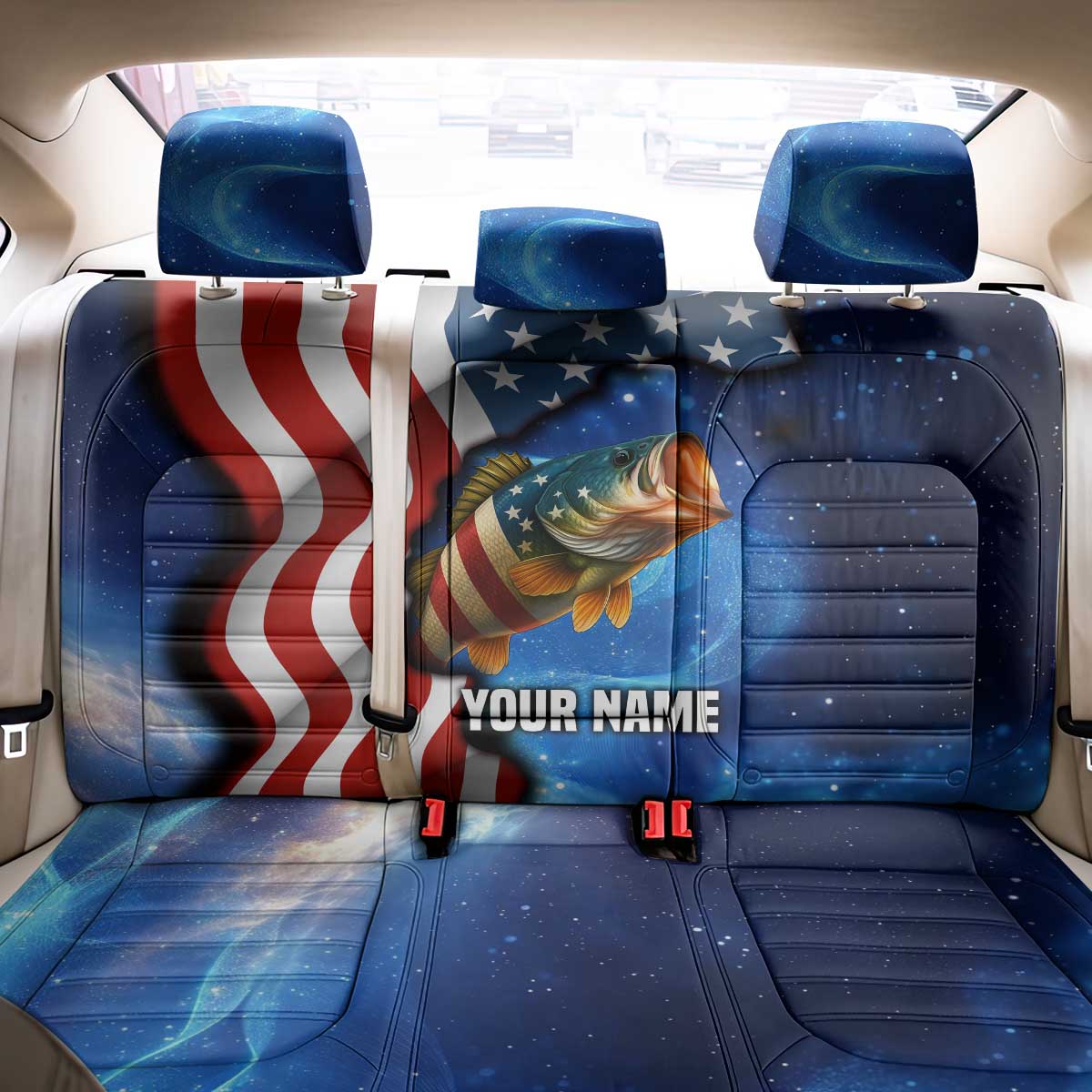 American Flag Bass Fishing Graphic Back Car Seat Cover Patriotic Fish and Starry Galaxy Background - Wonder Print Shop