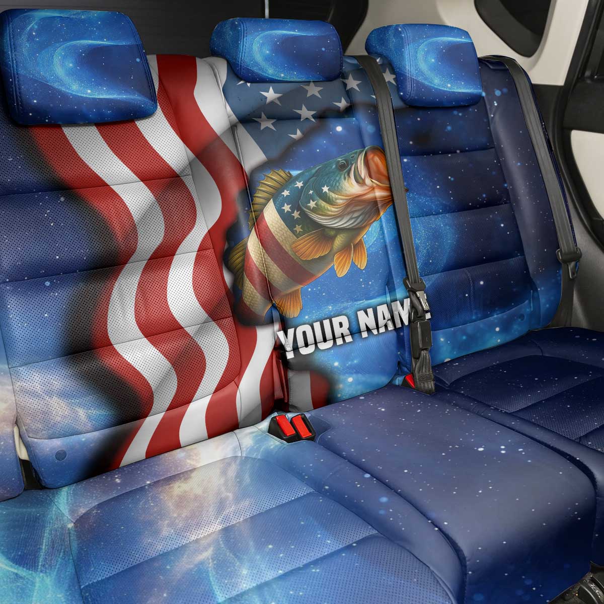 American Flag Bass Fishing Graphic Back Car Seat Cover Patriotic Fish and Starry Galaxy Background - Wonder Print Shop