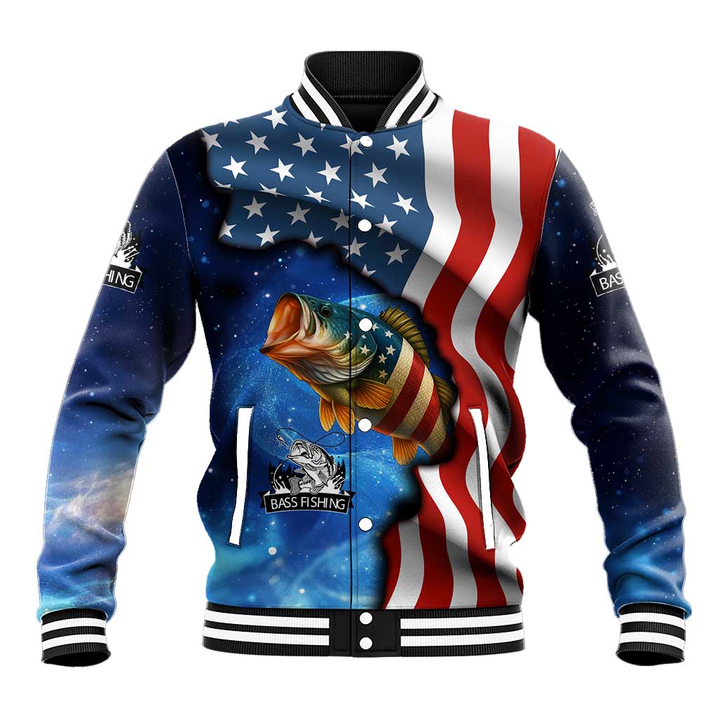 American Flag Bass Fishing Graphic Baseball Jacket Patriotic Fish and Starry Galaxy Background - Wonder Print Shop