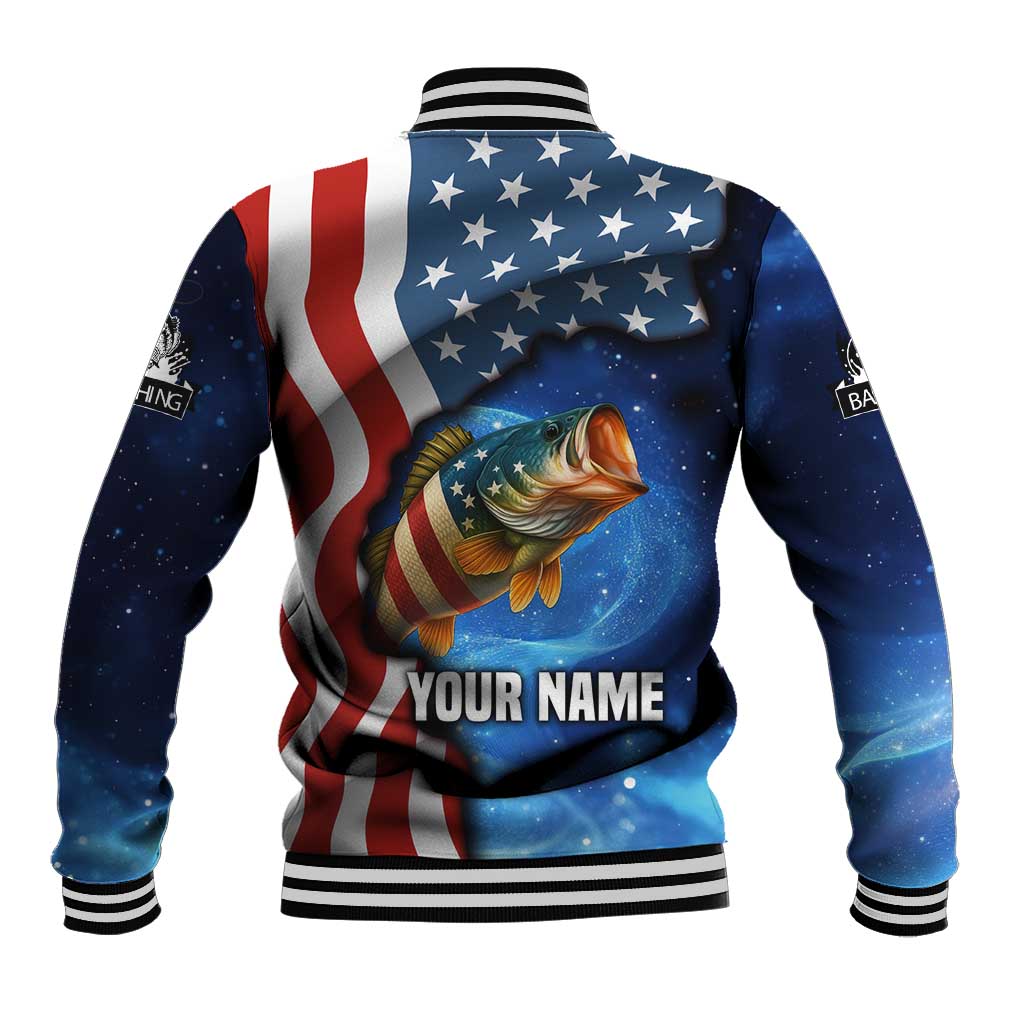 American Flag Bass Fishing Graphic Baseball Jacket Patriotic Fish and Starry Galaxy Background - Wonder Print Shop