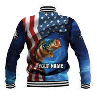 American Flag Bass Fishing Graphic Baseball Jacket Patriotic Fish and Starry Galaxy Background - Wonder Print Shop