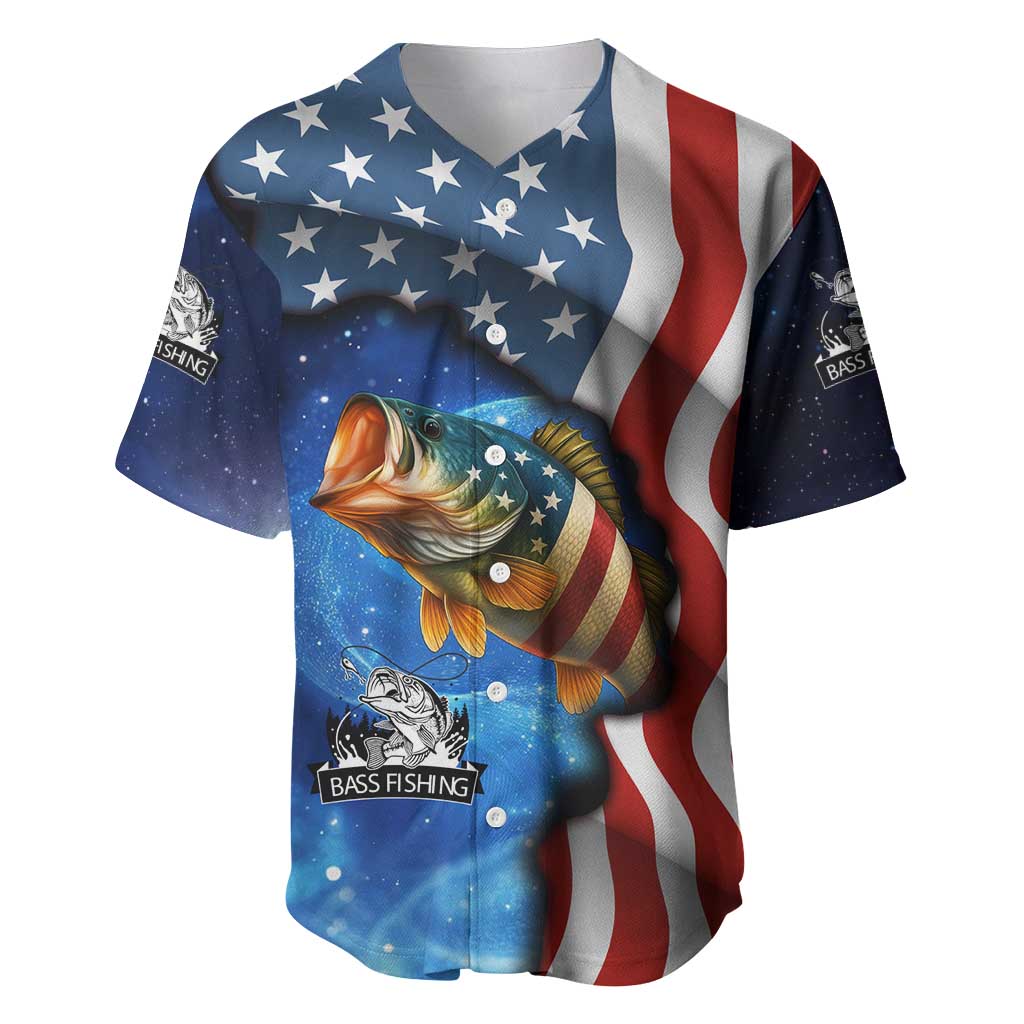 American Flag Bass Fishing Graphic Baseball Jersey Patriotic Fish and Starry Galaxy Background - Wonder Print Shop