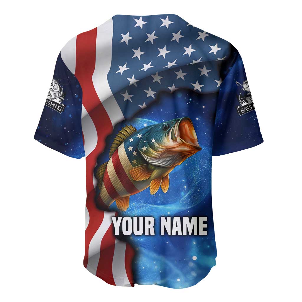 American Flag Bass Fishing Graphic Baseball Jersey Patriotic Fish and Starry Galaxy Background - Wonder Print Shop