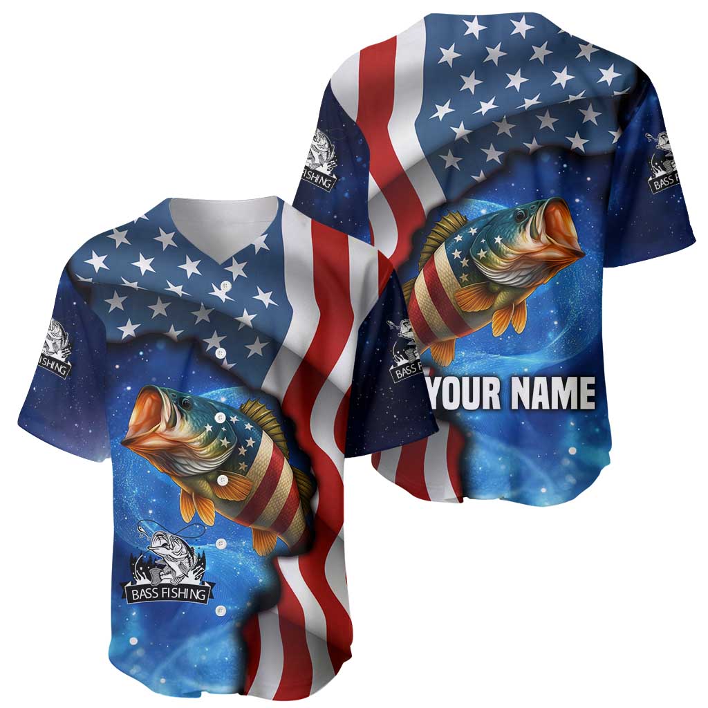 American Flag Bass Fishing Graphic Baseball Jersey Patriotic Fish and Starry Galaxy Background - Wonder Print Shop