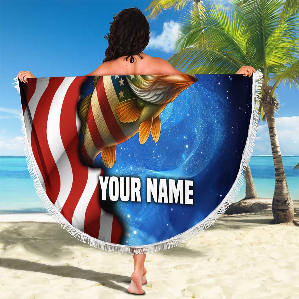 American Flag Bass Fishing Graphic Beach Blanket Patriotic Fish and Starry Galaxy Background - Wonder Print Shop