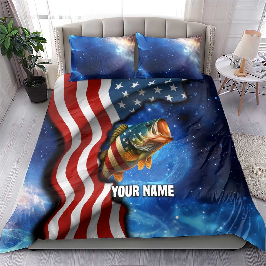 American Flag Bass Fishing Graphic Bedding Set Patriotic Fish and Starry Galaxy Background - Wonder Print Shop