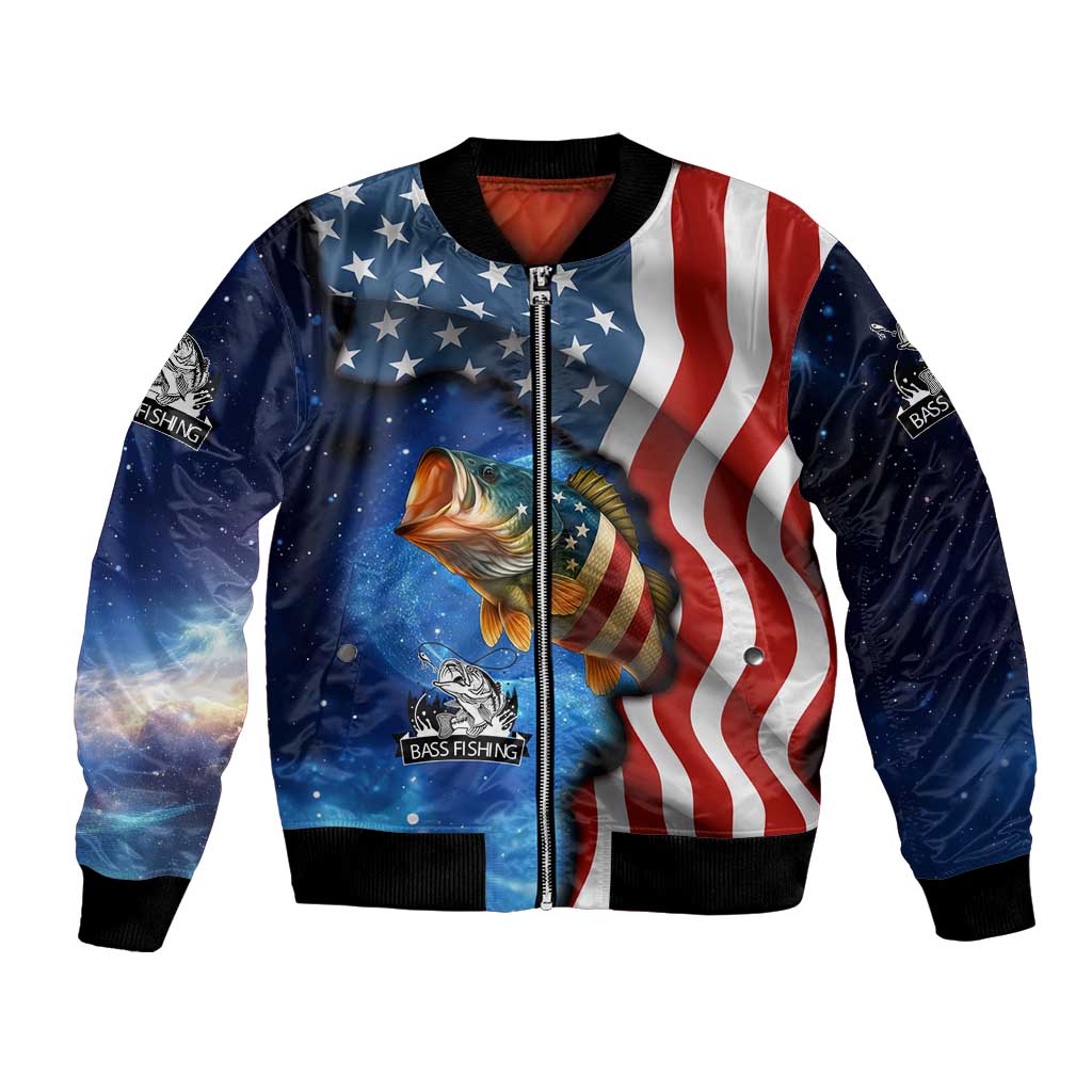 American Flag Bass Fishing Graphic Bomber Jacket Patriotic Fish and Starry Galaxy Background - Wonder Print Shop