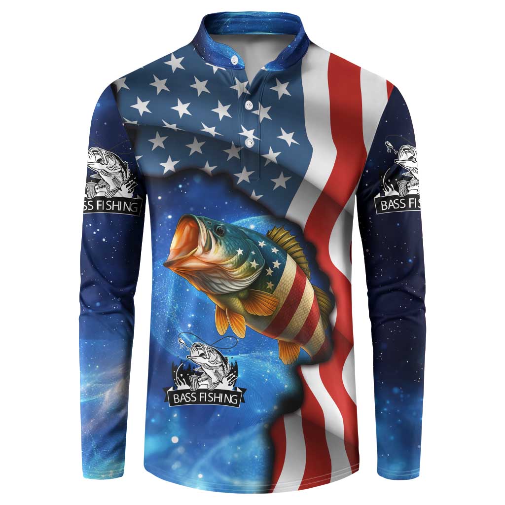 American Flag Bass Fishing Graphic Button Sweatshirt Patriotic Fish and Starry Galaxy Background - Wonder Print Shop
