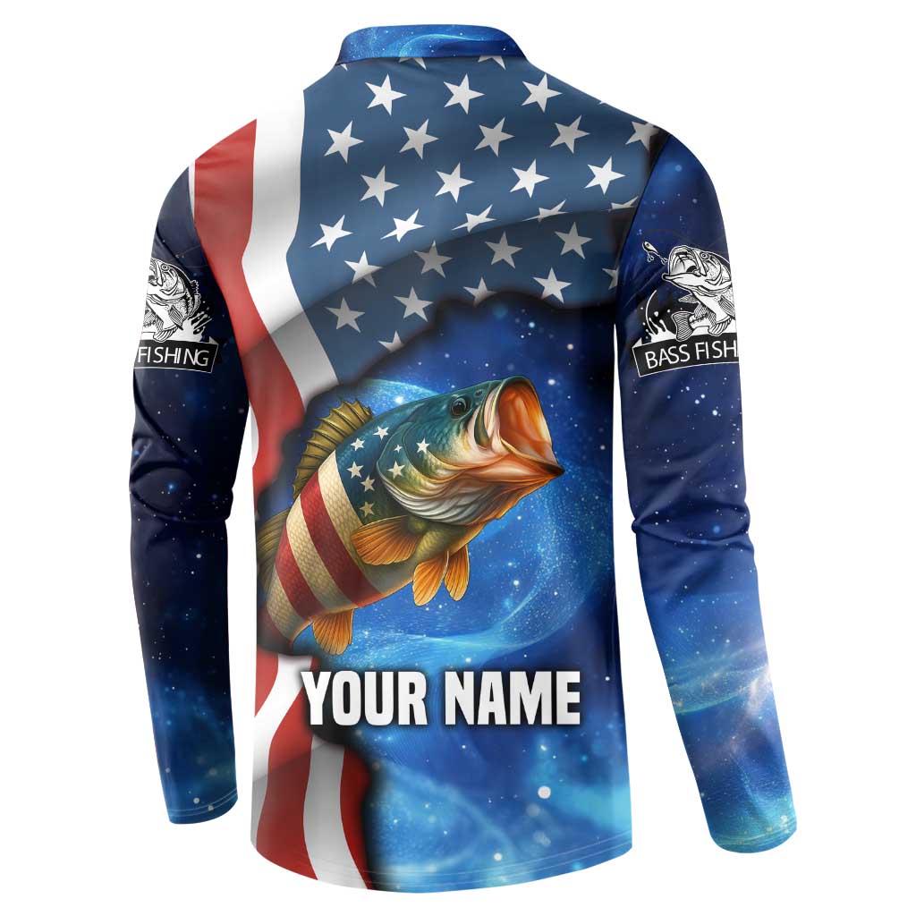 American Flag Bass Fishing Graphic Button Sweatshirt Patriotic Fish and Starry Galaxy Background - Wonder Print Shop
