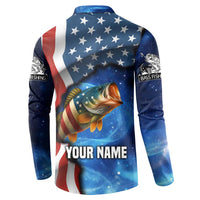 American Flag Bass Fishing Graphic Button Sweatshirt Patriotic Fish and Starry Galaxy Background - Wonder Print Shop