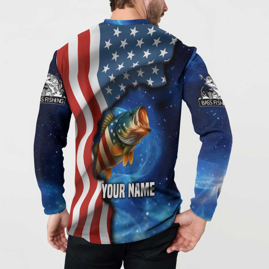 American Flag Bass Fishing Graphic Button Sweatshirt Patriotic Fish and Starry Galaxy Background - Wonder Print Shop