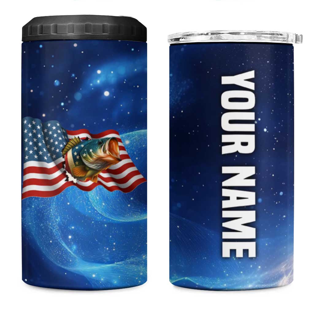 American Flag Bass Fishing Graphic 4 in 1 Can Cooler Tumbler Patriotic Fish and Starry Galaxy Background - Wonder Print Shop