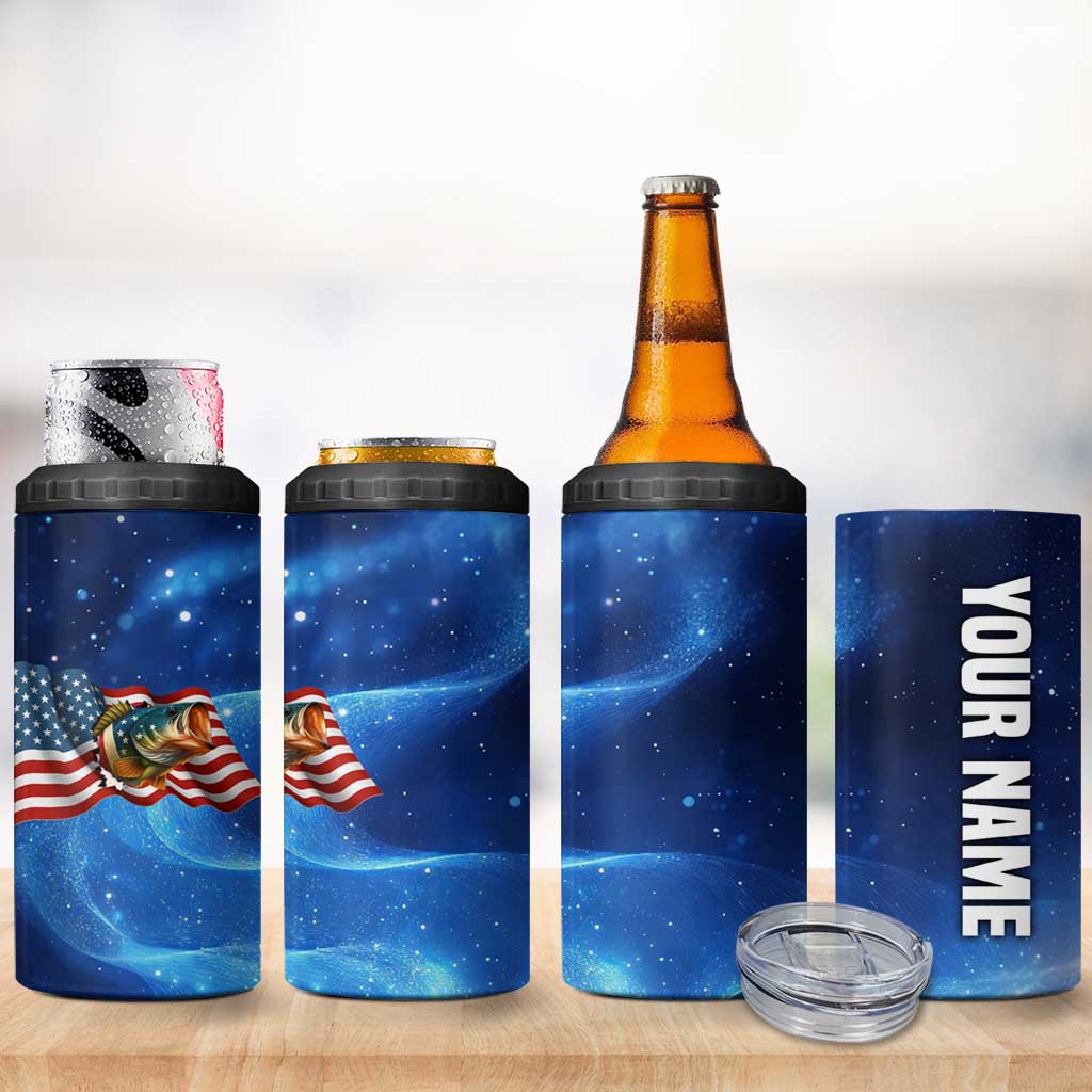 American Flag Bass Fishing Graphic 4 in 1 Can Cooler Tumbler Patriotic Fish and Starry Galaxy Background - Wonder Print Shop