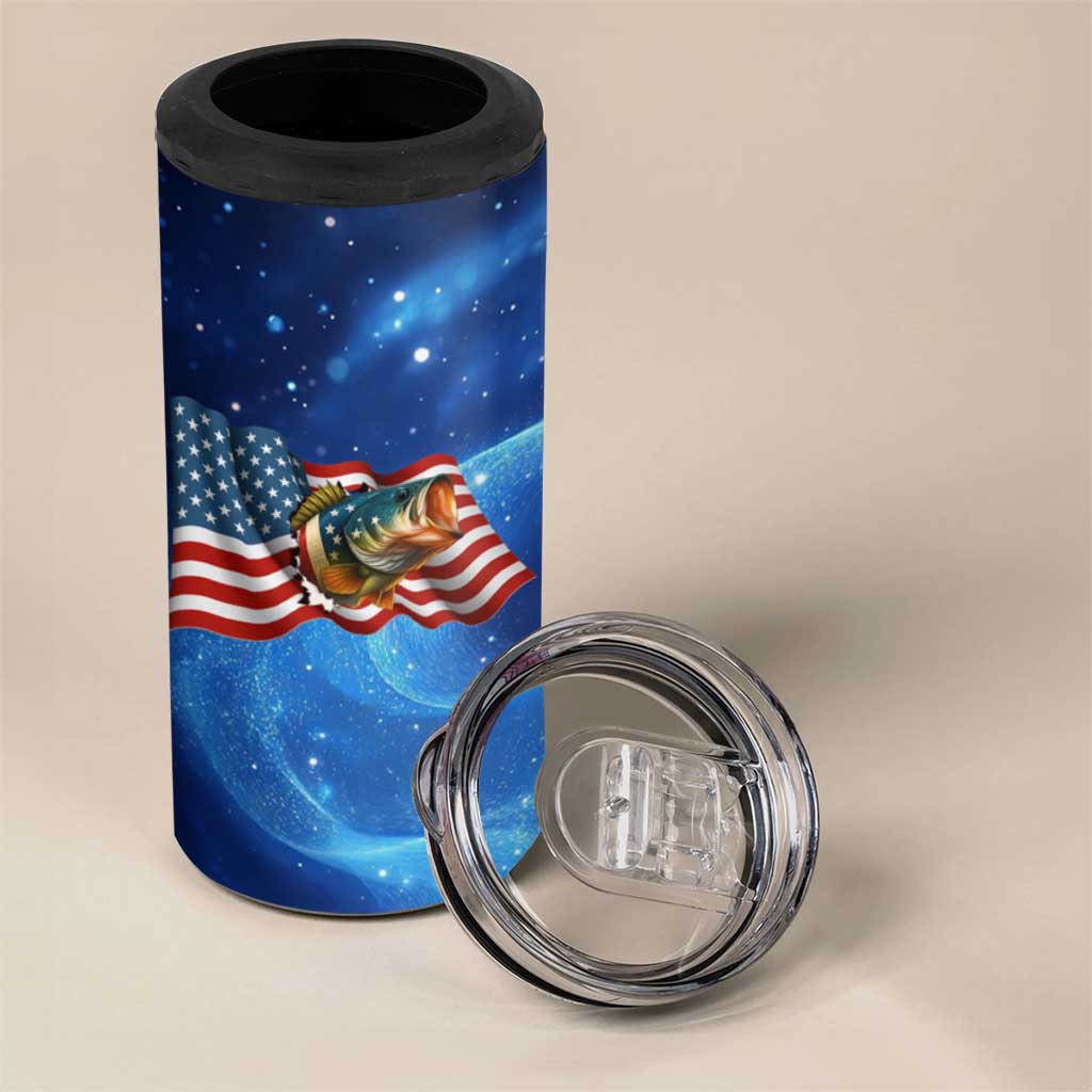 American Flag Bass Fishing Graphic 4 in 1 Can Cooler Tumbler Patriotic Fish and Starry Galaxy Background - Wonder Print Shop