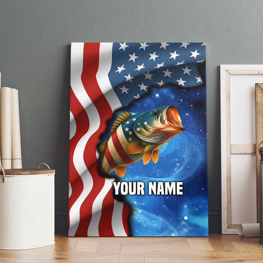 American Flag Bass Fishing Graphic Canvas Wall Art Patriotic Fish and Starry Galaxy Background - Wonder Print Shop
