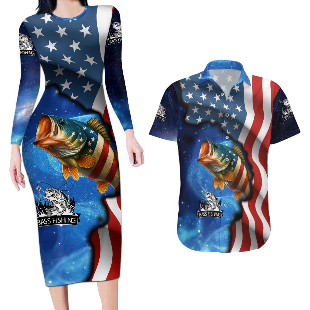 American Flag Bass Fishing Graphic Couples Matching Long Sleeve Bodycon Dress and Hawaiian Shirt Patriotic Fish and Starry Galaxy Background - Wonder Print Shop