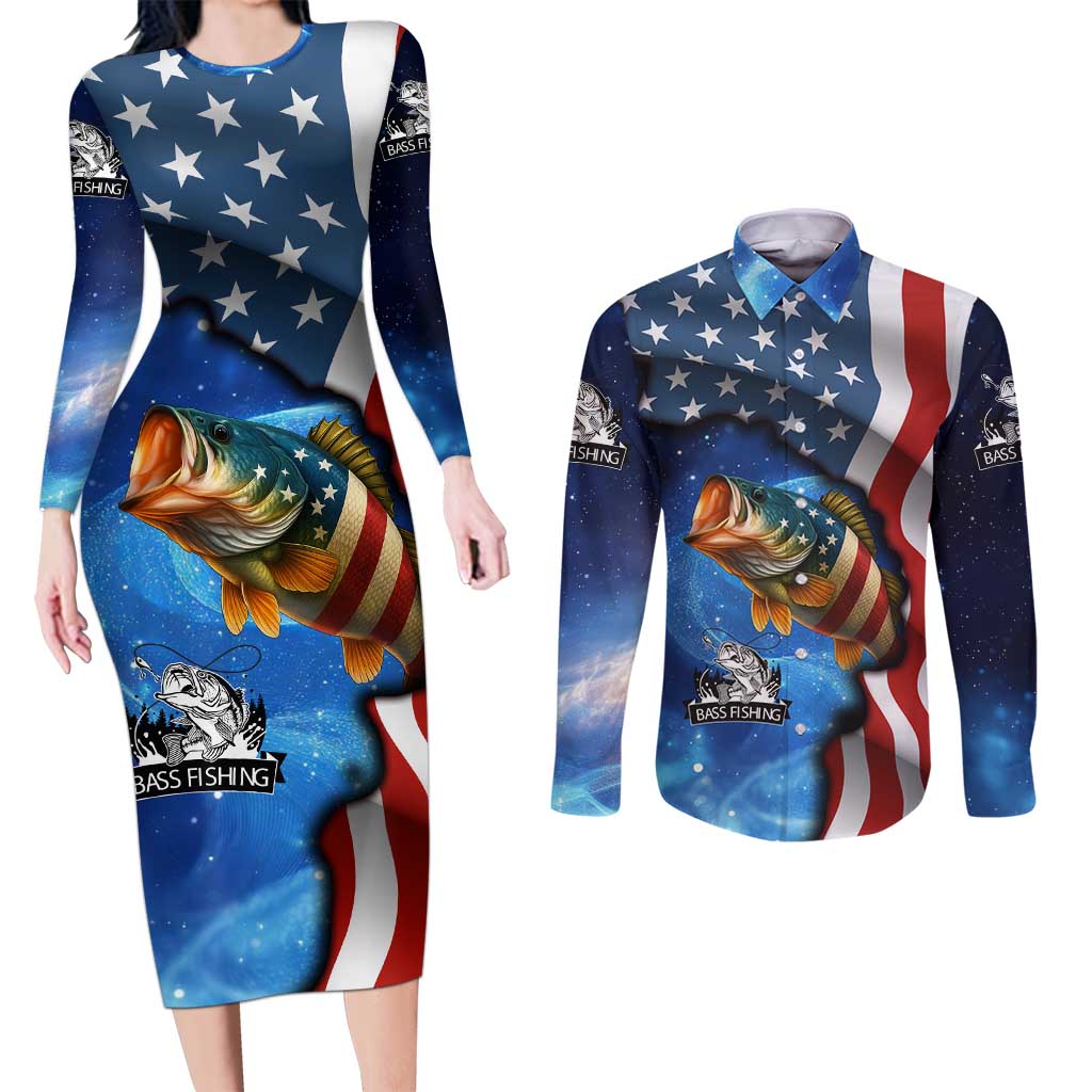 American Flag Bass Fishing Graphic Couples Matching Long Sleeve Bodycon Dress and Long Sleeve Button Shirt Patriotic Fish and Starry Galaxy Background - Wonder Print Shop