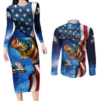 American Flag Bass Fishing Graphic Couples Matching Long Sleeve Bodycon Dress and Long Sleeve Button Shirt Patriotic Fish and Starry Galaxy Background - Wonder Print Shop