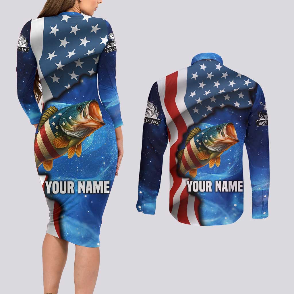 American Flag Bass Fishing Graphic Couples Matching Long Sleeve Bodycon Dress and Long Sleeve Button Shirt Patriotic Fish and Starry Galaxy Background - Wonder Print Shop