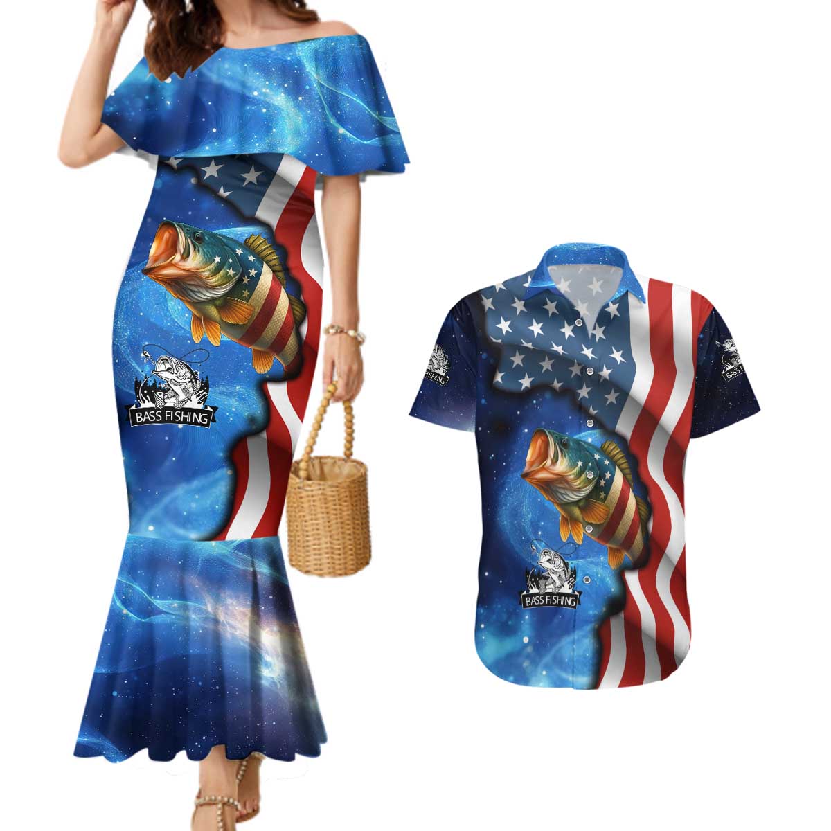 American Flag Bass Fishing Graphic Couples Matching Mermaid Dress and Hawaiian Shirt Patriotic Fish and Starry Galaxy Background - Wonder Print Shop