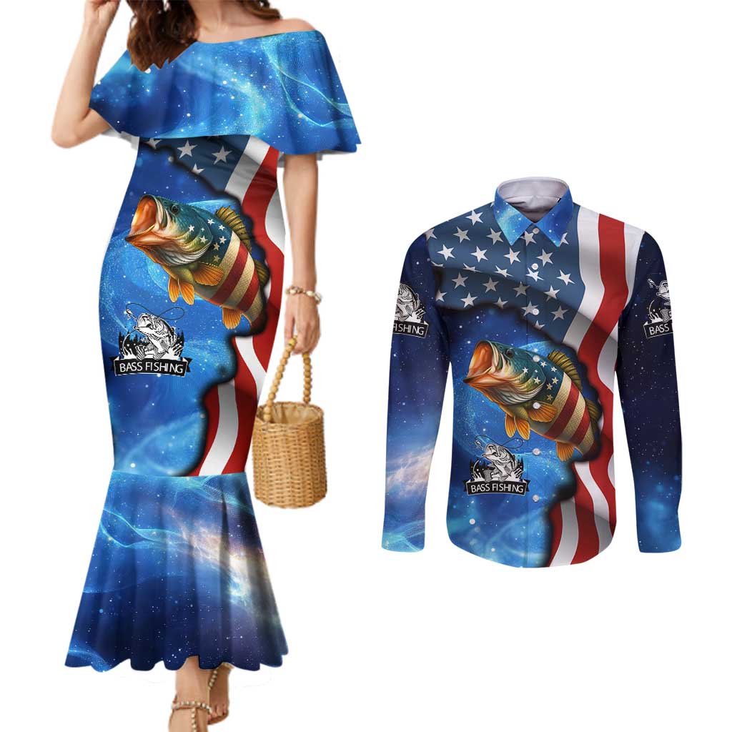 American Flag Bass Fishing Graphic Couples Matching Mermaid Dress and Long Sleeve Button Shirt Patriotic Fish and Starry Galaxy Background - Wonder Print Shop