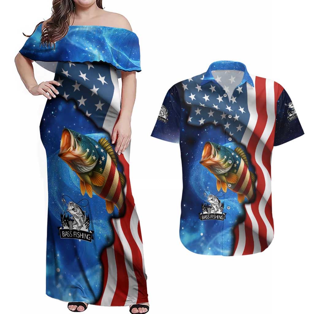American Flag Bass Fishing Graphic Couples Matching Off Shoulder Maxi Dress and Hawaiian Shirt Patriotic Fish and Starry Galaxy Background - Wonder Print Shop