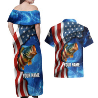 American Flag Bass Fishing Graphic Couples Matching Off Shoulder Maxi Dress and Hawaiian Shirt Patriotic Fish and Starry Galaxy Background - Wonder Print Shop