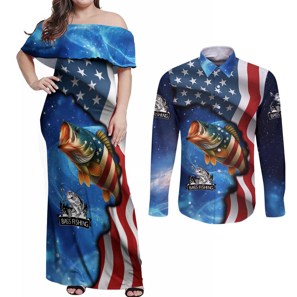 American Flag Bass Fishing Graphic Couples Matching Off Shoulder Maxi Dress and Long Sleeve Button Shirt Patriotic Fish and Starry Galaxy Background - Wonder Print Shop