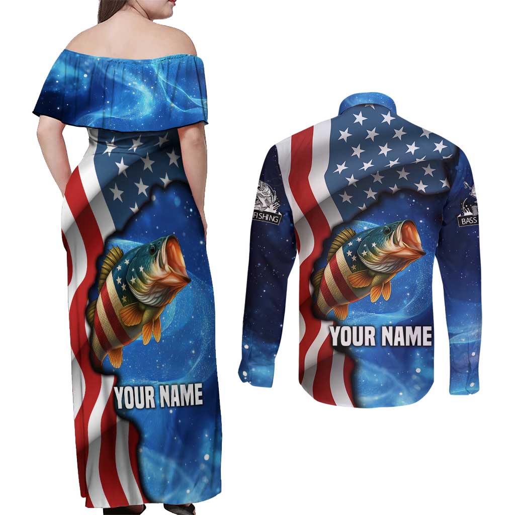 American Flag Bass Fishing Graphic Couples Matching Off Shoulder Maxi Dress and Long Sleeve Button Shirt Patriotic Fish and Starry Galaxy Background - Wonder Print Shop