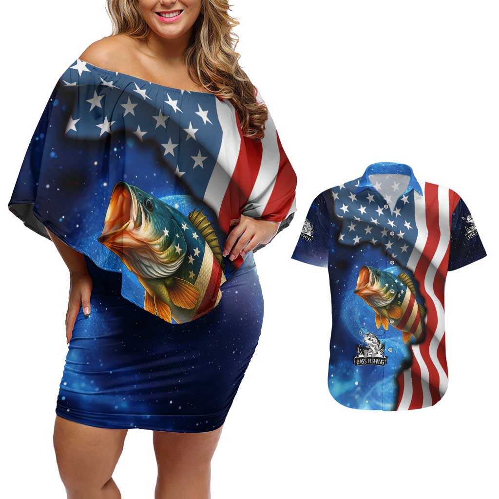 American Flag Bass Fishing Graphic Couples Matching Off Shoulder Short Dress and Hawaiian Shirt Patriotic Fish and Starry Galaxy Background - Wonder Print Shop