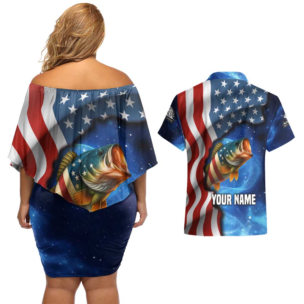 American Flag Bass Fishing Graphic Couples Matching Off Shoulder Short Dress and Hawaiian Shirt Patriotic Fish and Starry Galaxy Background - Wonder Print Shop