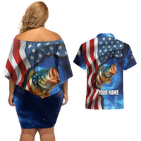 American Flag Bass Fishing Graphic Couples Matching Off Shoulder Short Dress and Hawaiian Shirt Patriotic Fish and Starry Galaxy Background - Wonder Print Shop
